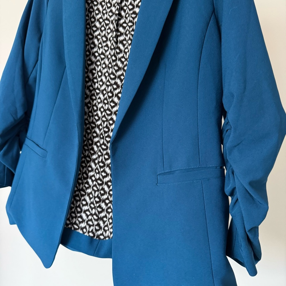 Skies Are Blue Teal Open Front Blazer Ruched Sleeve Large Anthro Style - Picture 4 of 7